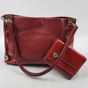 Brighton red braided handle leather shoulder bag w/ matching wallet